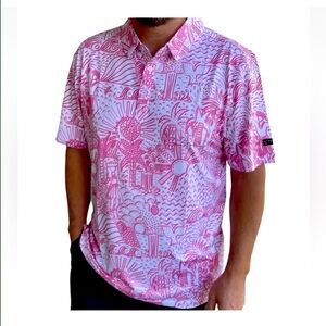 YATTA GOLF Shaka Life Hawaiian Pink White Tropical Hula Golf Polo Shirt Small